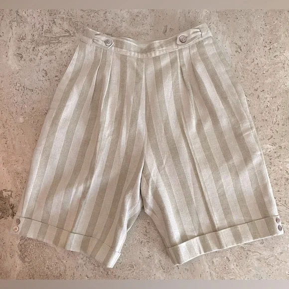 Vintage French Linen Blend Striped Pleated Bermuda Shorts - Picture 1 of 9